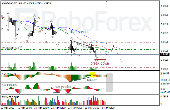 Анализ индикаторов Б. Вильямса для USD/CAD на 04.04.2013