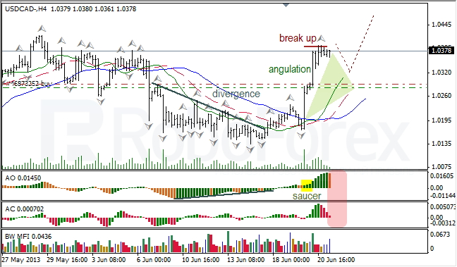 Анализ индикаторов Б. Вильямса для USD/CAD на 21.06.2013