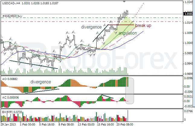 Анализ индикаторов Б.Вильямса для USD/CAD на 22.02.2013