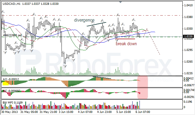 Анализ индикаторов Б. Вильямса для USD/CAD на 06.06.2013