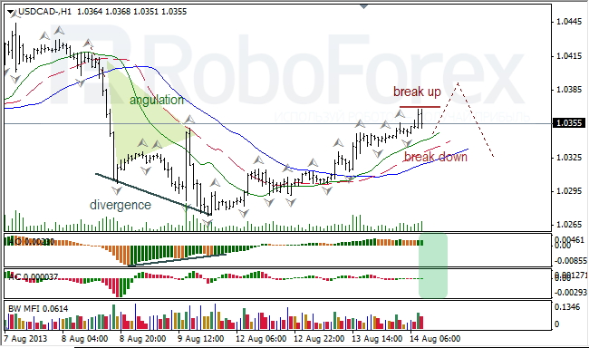 Анализ индикаторов Б. Вильямса для USD/CAD на 14.08.2013