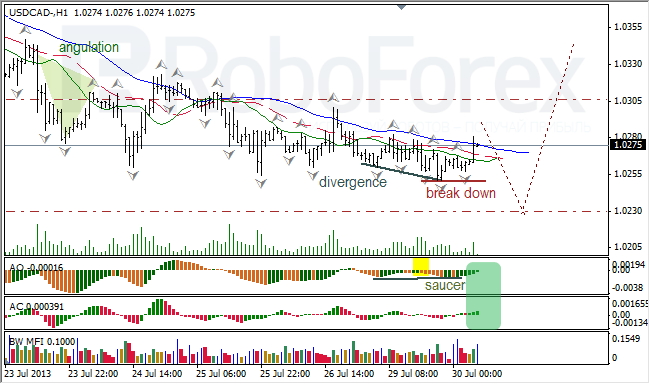 Анализ индикаторов Б. Вильямса для USD/CAD на 30.07.2013