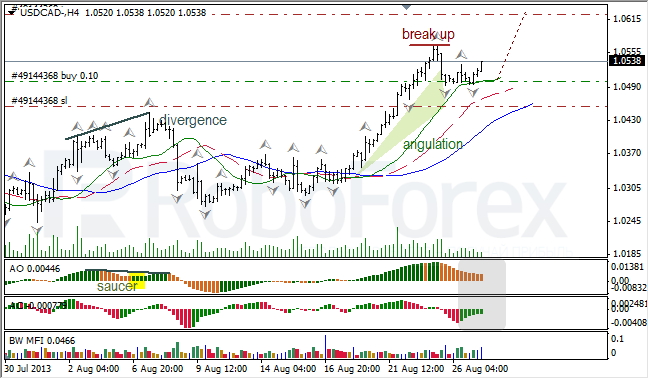 Анализ индикаторов Б. Вильямса для USD/CAD на 27.08.2013