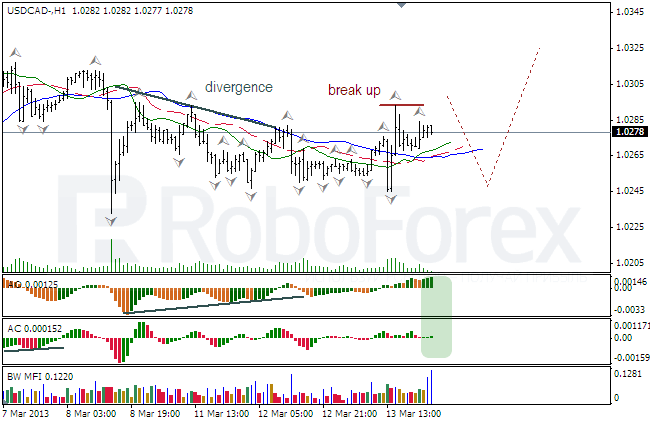 Анализ индикаторов Б. Вильямса для USD/CAD на 14.03.2013