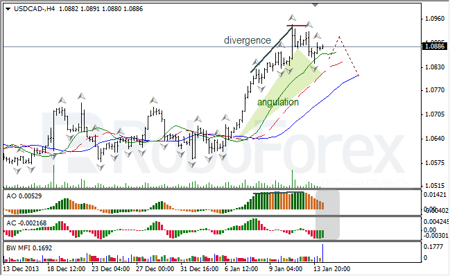 Анализ индикаторов Б. Вильямса для USD/CAD на 14.01.2014