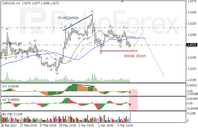 Анализ индикаторов Б. Вильямса для USD/CAD на 05.03.2013