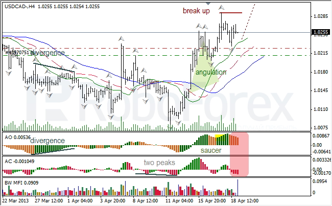 Анализ индикаторов Б. Вильямса для USD/CAD на 19.04.2013