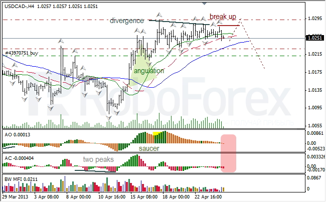 Анализ индикаторов Б. Вильямса для USD/CAD на 25.04.2013