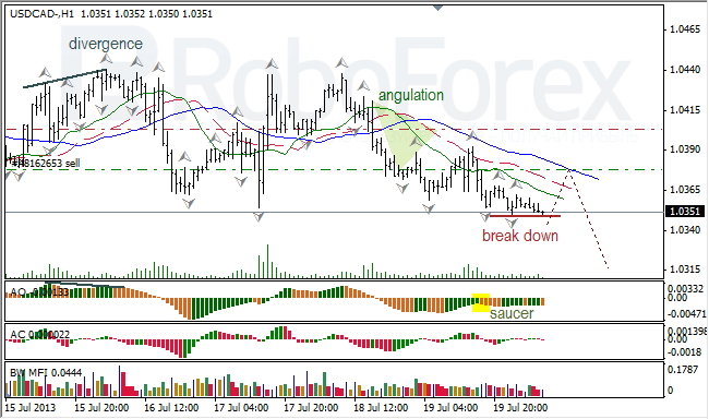 Анализ индикаторов Б. Вильямса для USD/CAD на 22.07.2013