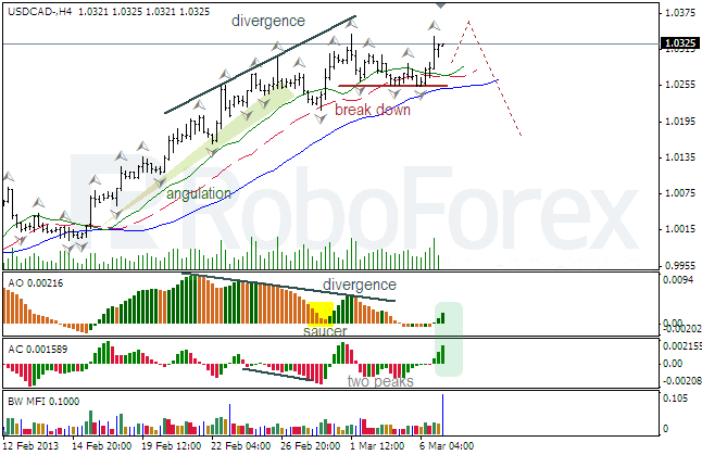 Анализ индикаторов Б. Вильямса для USD/CAD на 07.03.2013