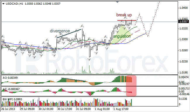 Анализ индикаторов Б. Вильямса для USD/CAD на 02.08.2013