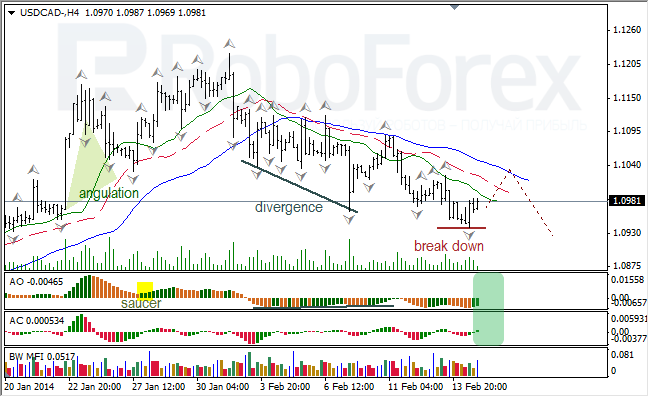 Анализ индикаторов Б. Вильямса для USD/CAD на 16.02.2014