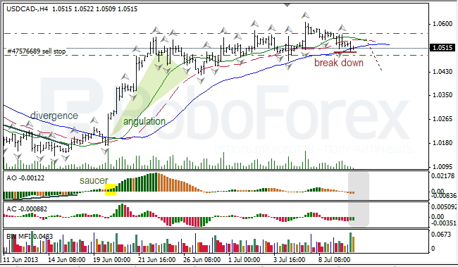 Анализ индикаторов Б. Вильямса для USD/CAD на 10.07.2013