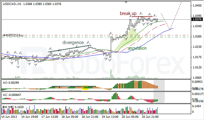 Анализ индикаторов Б. Вильямса для USD/CAD на 21.06.2013