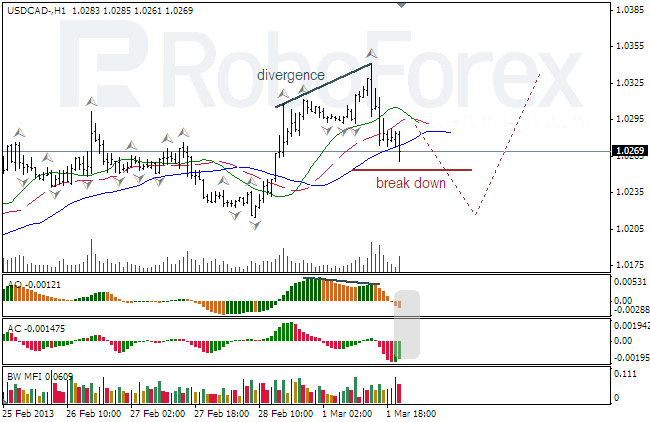 Анализ индикаторов Б. Вильямса для USD/CAD на 04.03.2013