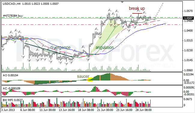 Анализ индикаторов Б. Вильямса для USD/CAD на 02.07.2013