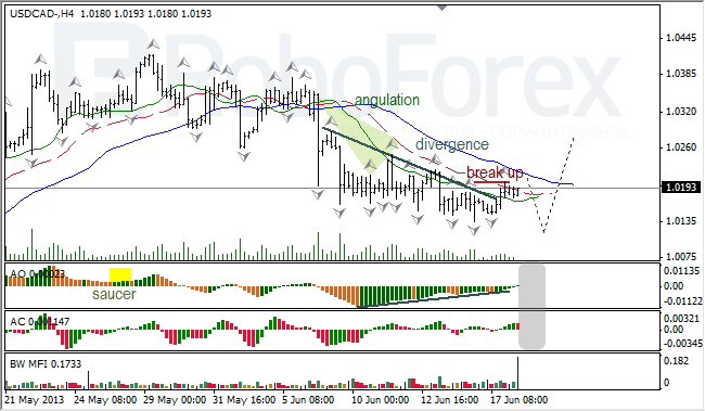 Анализ индикаторов Б. Вильямса для USD/CAD на 18.06.2013