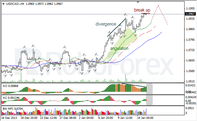 Анализ индикаторов Б. Вильямса для USD/CAD на 15.01.2014