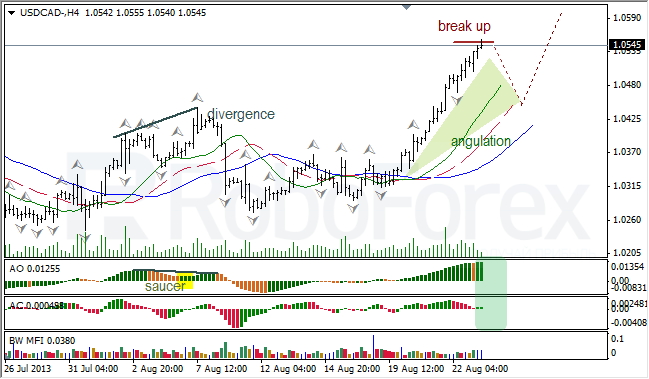 Анализ индикаторов Б. Вильямса для USD/CAD на 23.08.2013