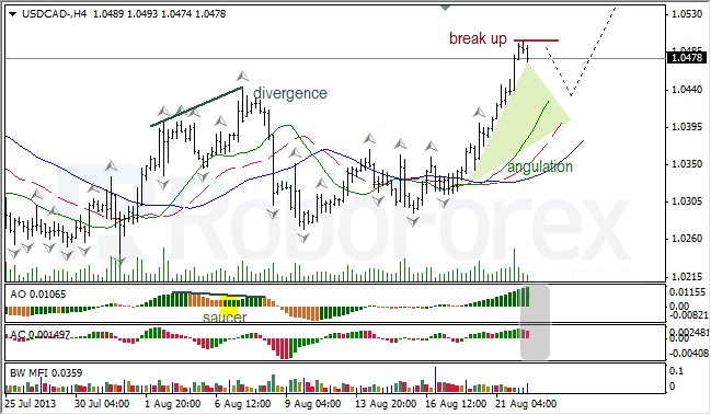 Анализ индикаторов Б. Вильямса для USD/CAD на 22.08.2013