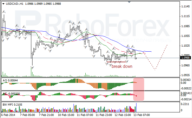 Анализ индикаторов Б. Вильямса для USD/CAD на 13.02.2014