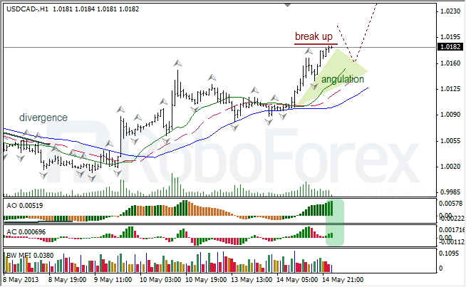 Анализ индикаторов Б. Вильямса для USD/CAD на 15.05.2013