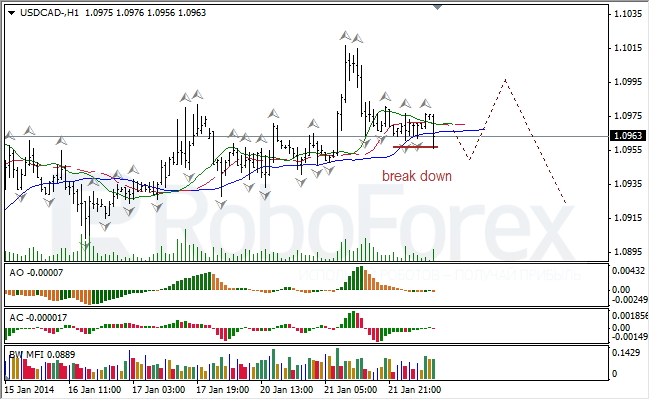 Анализ индикаторов Б. Вильямса для USD/CAD на 22.01.2014