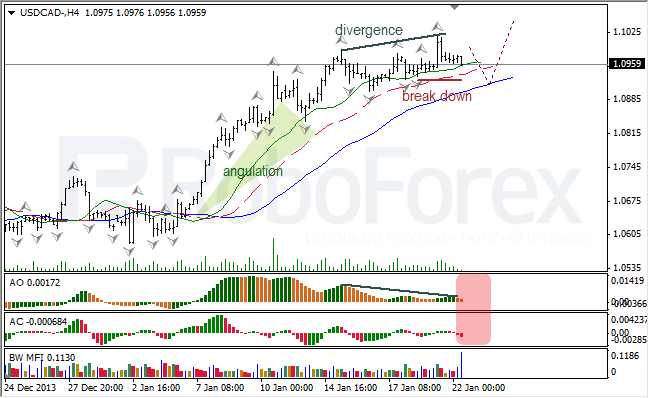 Анализ индикаторов Б. Вильямса для USD/CAD на 22.01.2014