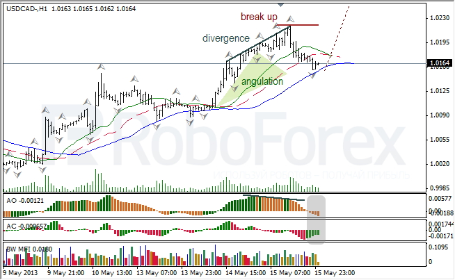 Анализ индикаторов Б. Вильямса для USD/CAD на 16.05.2013