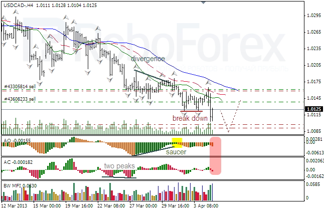 Анализ индикаторов Б. Вильямса для USD/CAD на 05.04.2013