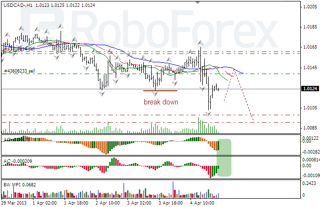 Анализ индикаторов Б. Вильямса для USD/CAD на 05.04.2013