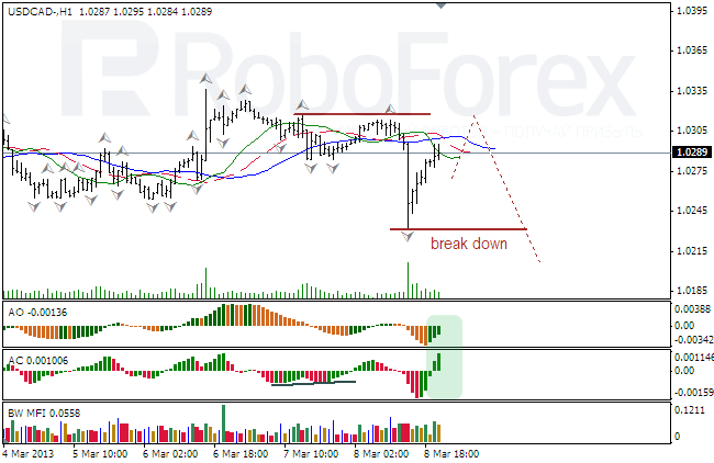 Анализ индикаторов Б. Вильямса для USD/CAD на 11.03.2013