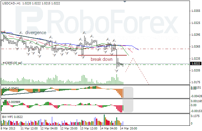 Анализ индикаторов Б. Вильямса для USD/CAD на 15.03.2013