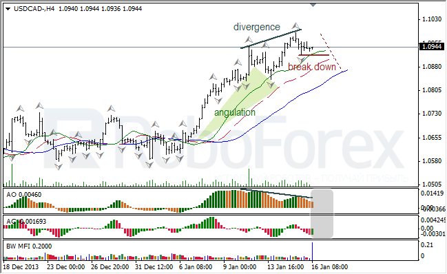 Анализ индикаторов Б. Вильямса для USD/CAD на 16.01.2014