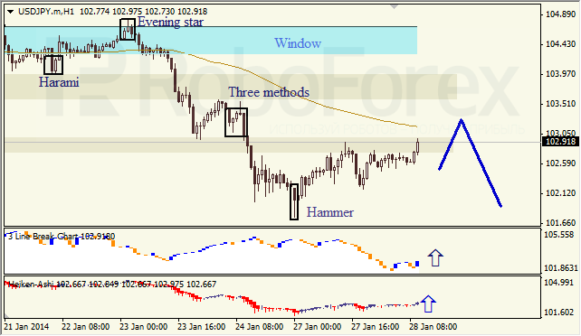 Анализ японских свечей для USD/JPY на 28.01.2014