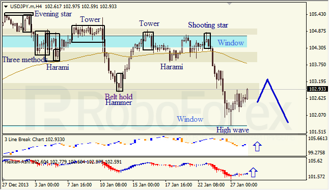 Анализ японских свечей для USD/JPY на 28.01.2014